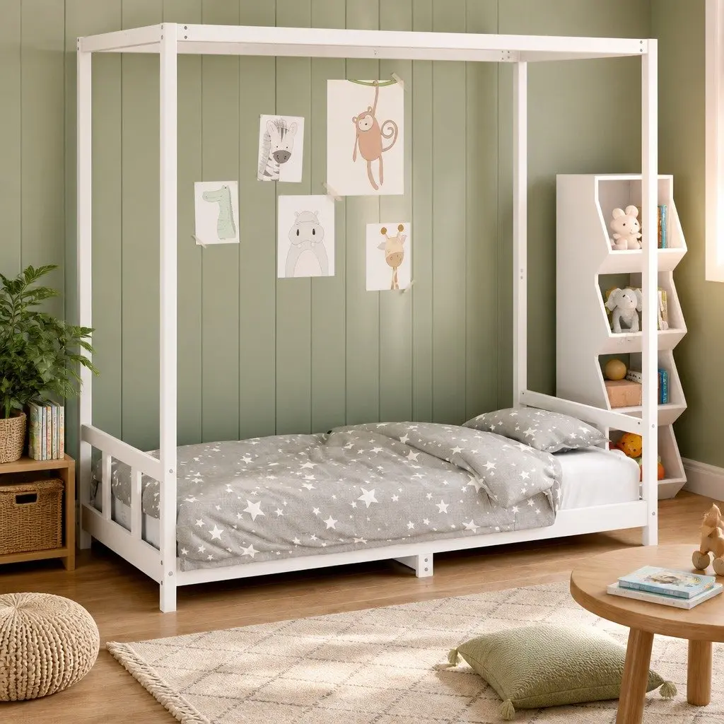 Kids Bed Frame Canopy White 90x190 cm Solid Wood Pine
