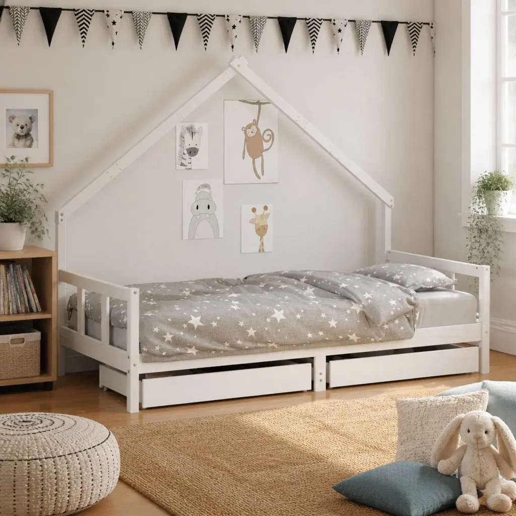 Kids Bed Frame with Storage Drawers White Wooden Toddler Single Bed House Design