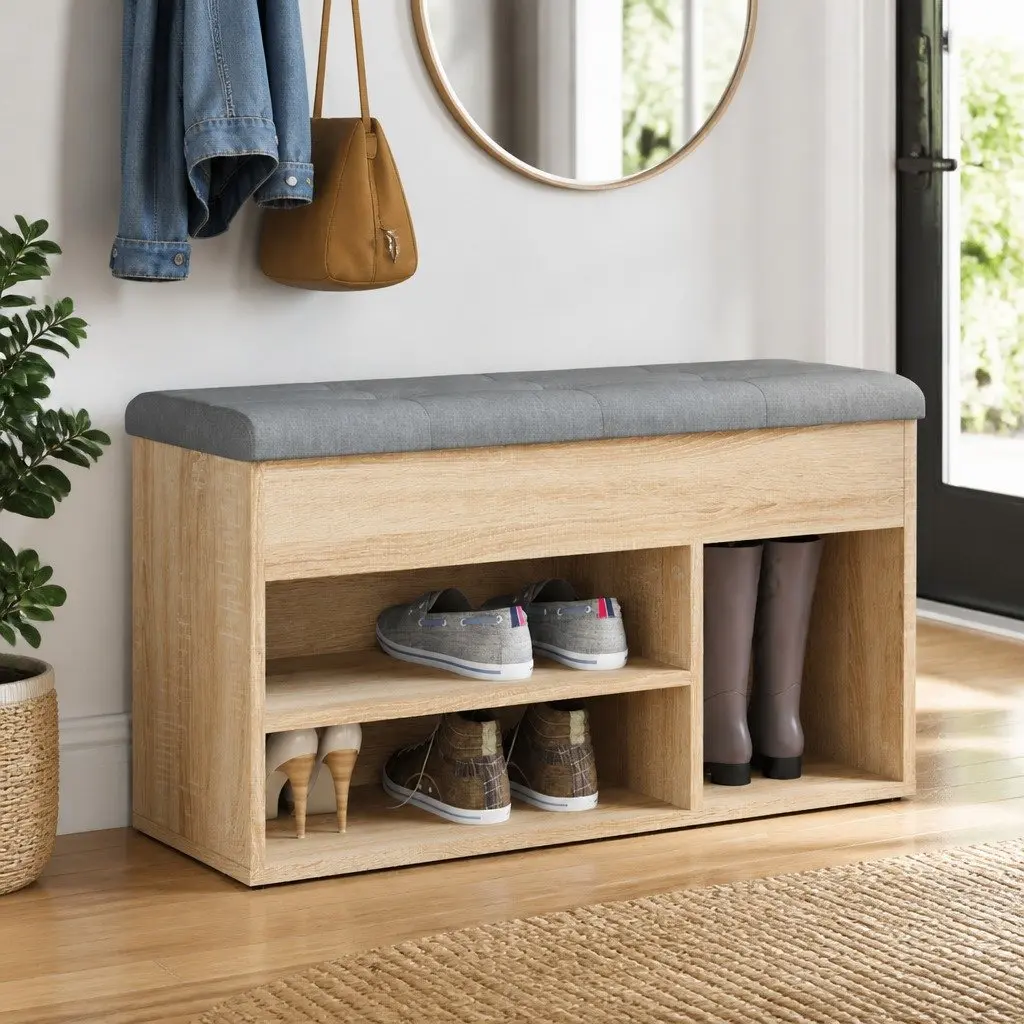 Shoe Bench Storage Padded Seat 82 x 32 x 45.5 cm Brown