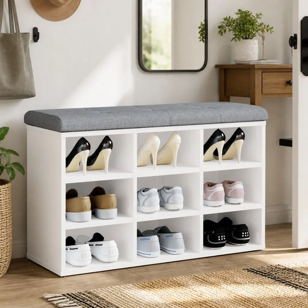 Shoe Bench Storage Seating White Hallway Entryway Furniture Padded Cushion