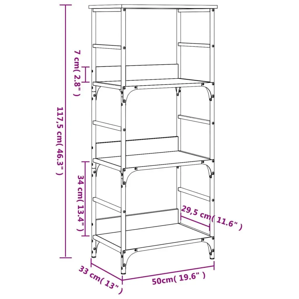 Bookshelf Industrial Style Sonoma Oak Engineered Wood 50x33x117.5cm 3-Tier Storage Shelf