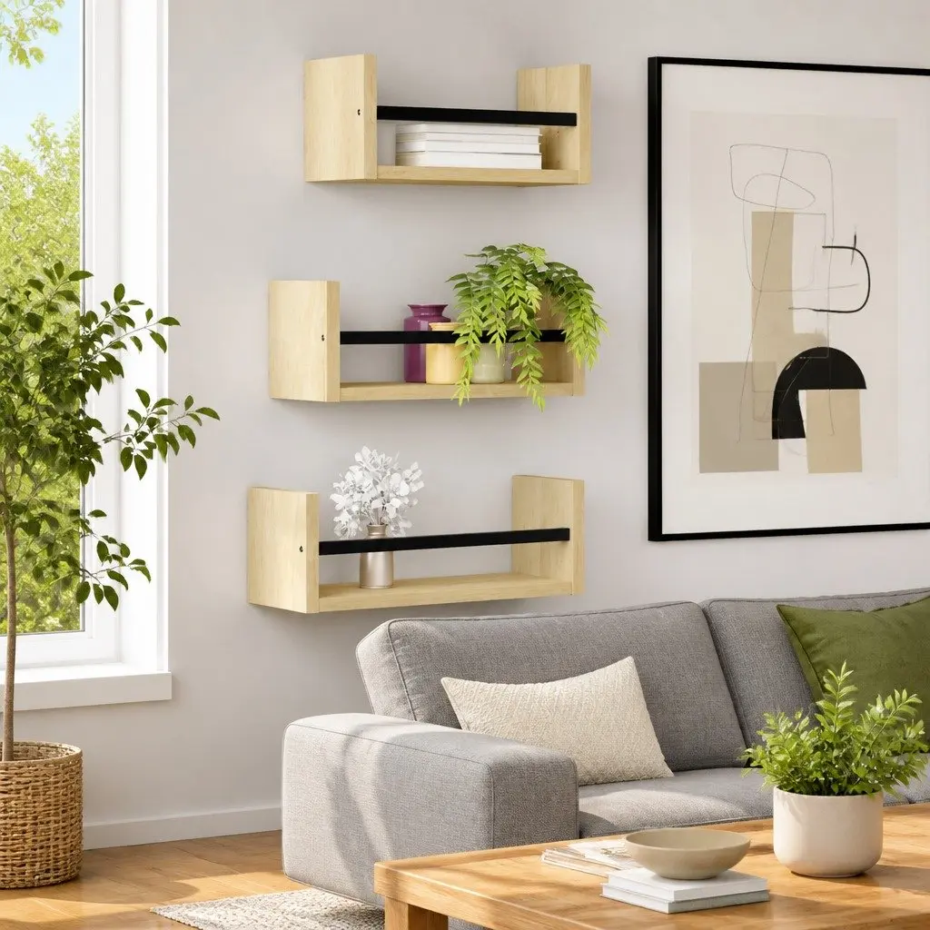 Wall Shelf Set Floating Shelves with Bars Brown 3 Piece