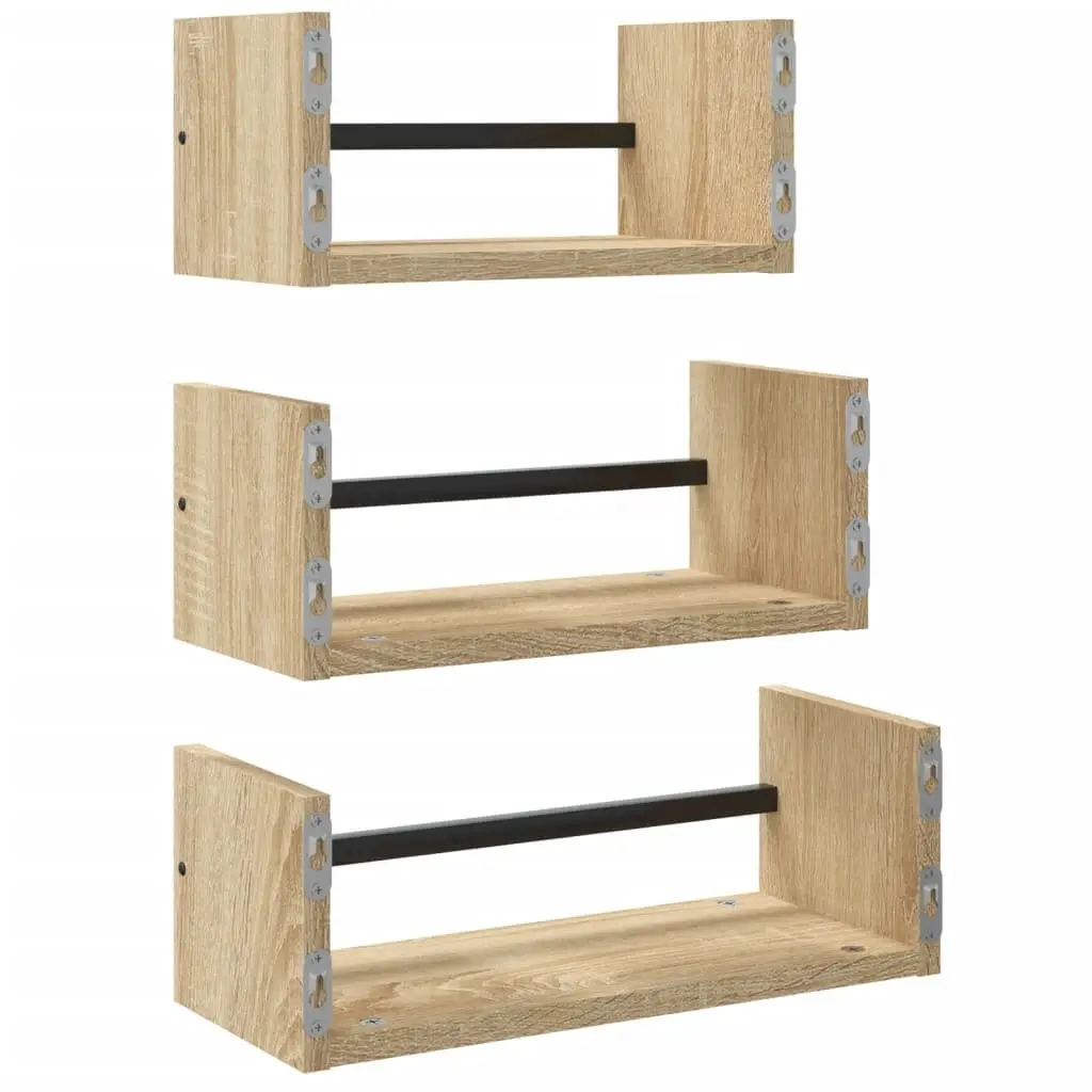 Wall Shelf Set Floating Shelves with Bars Brown 3 Piece