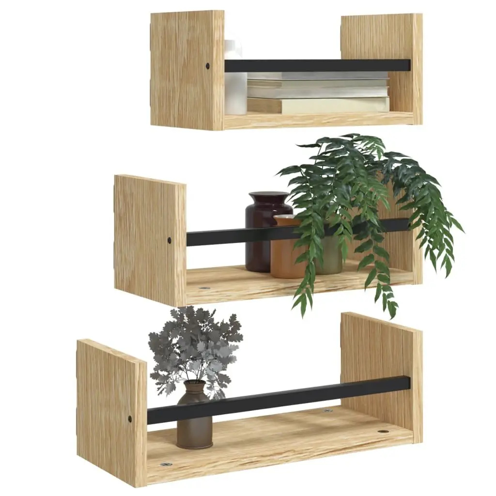 Wall Shelf Set Floating Shelves with Bars Brown 3 Piece