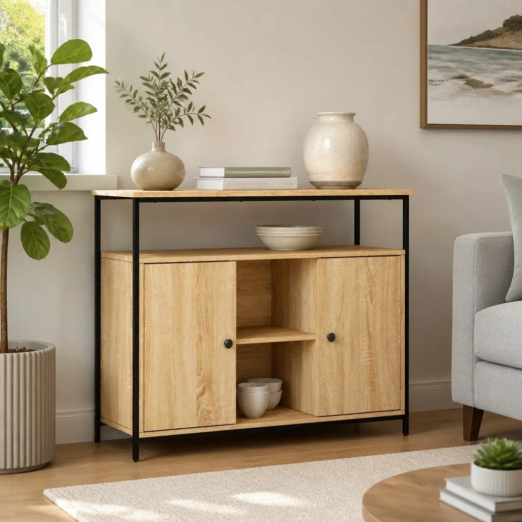 Sideboard Brown Engineered Wood Storage Cabinet 100W x 35D x 80H cm