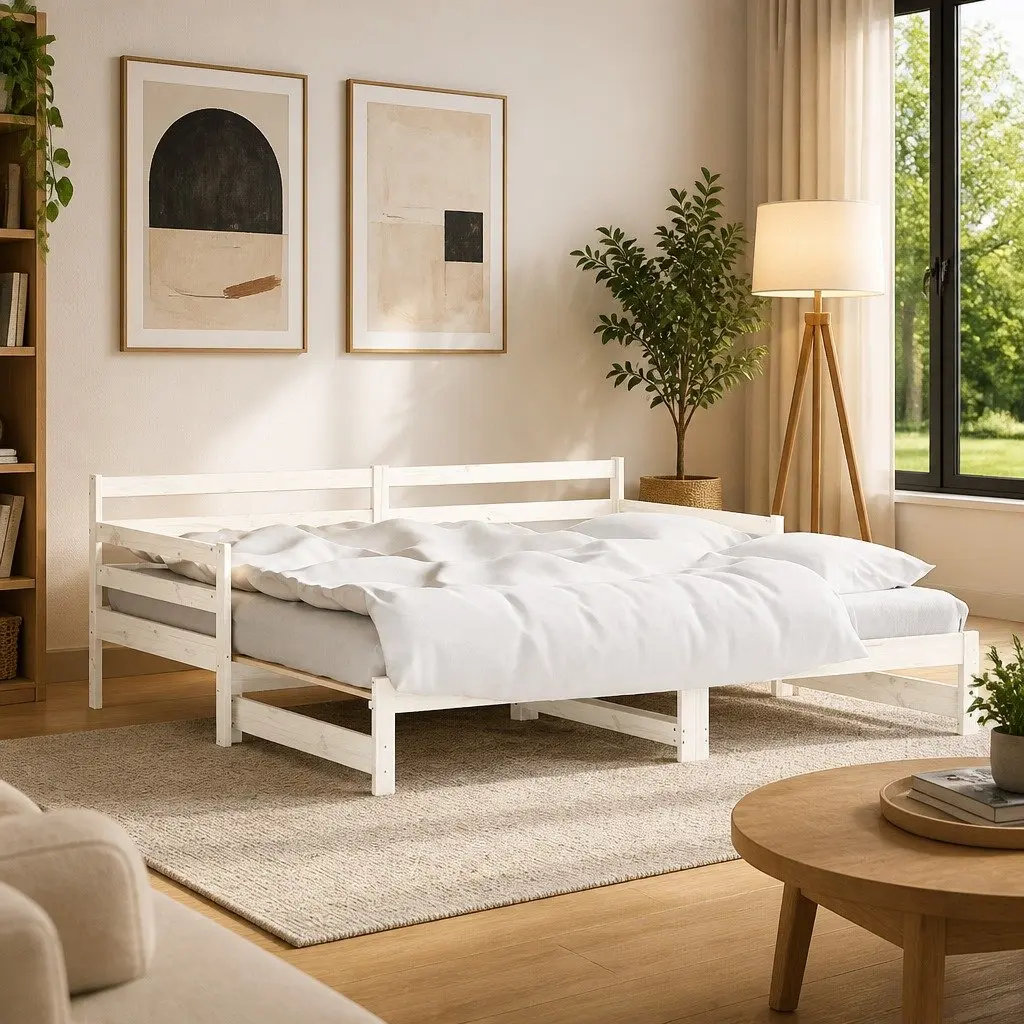 White Solid Wood Daybed with Trundle Guest Bed Frame Sofa 90x190 cm Storage