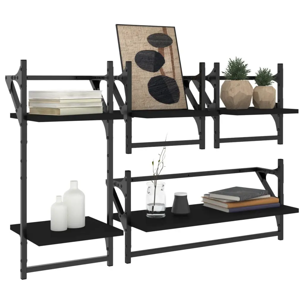 Wall Shelf Set Floating Shelves with Bars Black 4 Piece