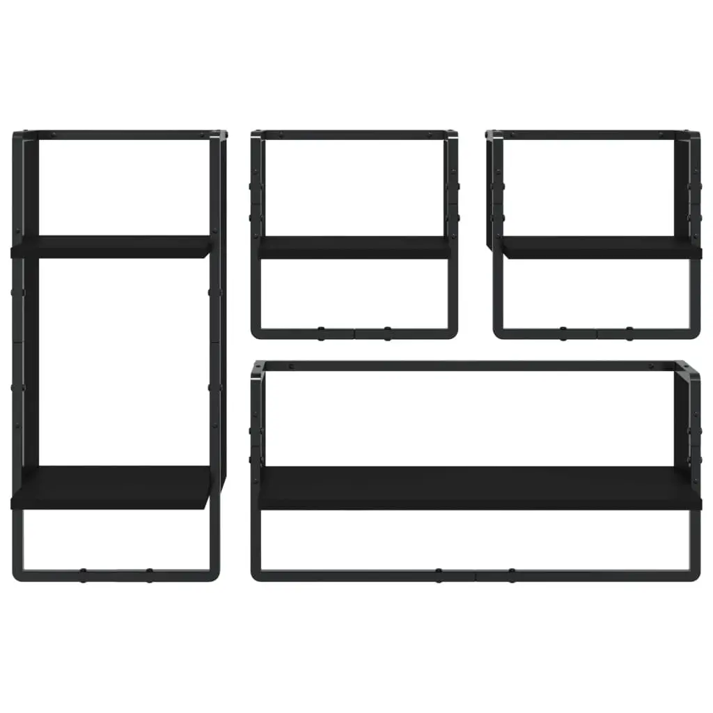 Wall Shelf Set Floating Display Shelves with Bars Black 4 Piece