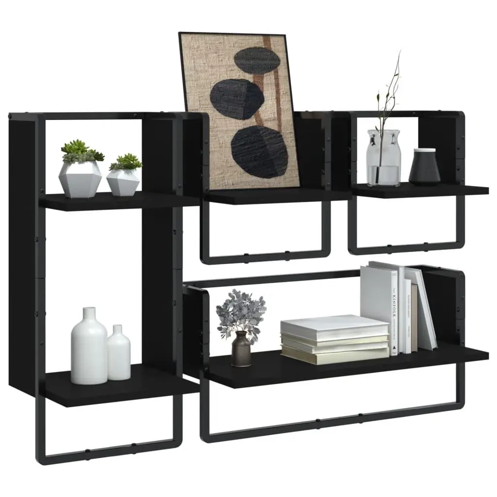 Wall Shelf Set Floating Display Shelves with Bars Black 4 Piece