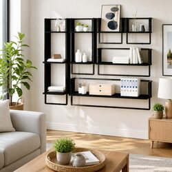 Wall Shelf Set 6 Piece Black Floating Display Shelves with Bars Storage