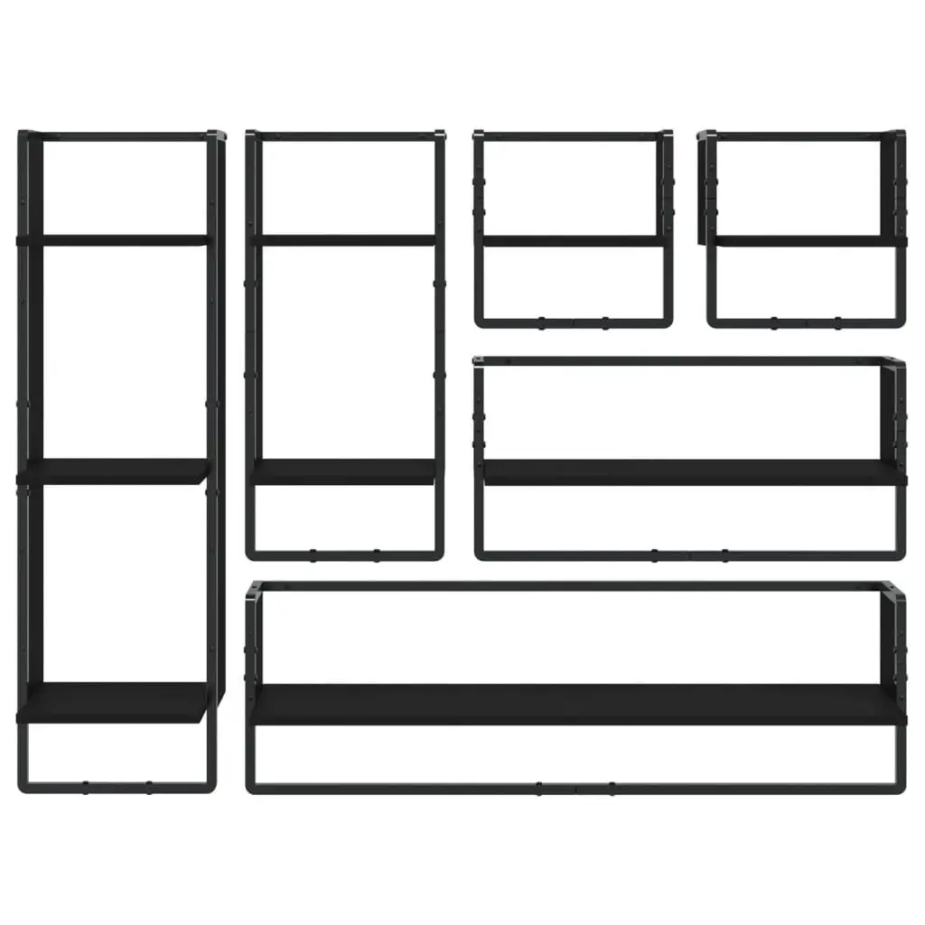 Wall Shelf Set 6 Piece Black Floating Display Shelves with Bars Storage