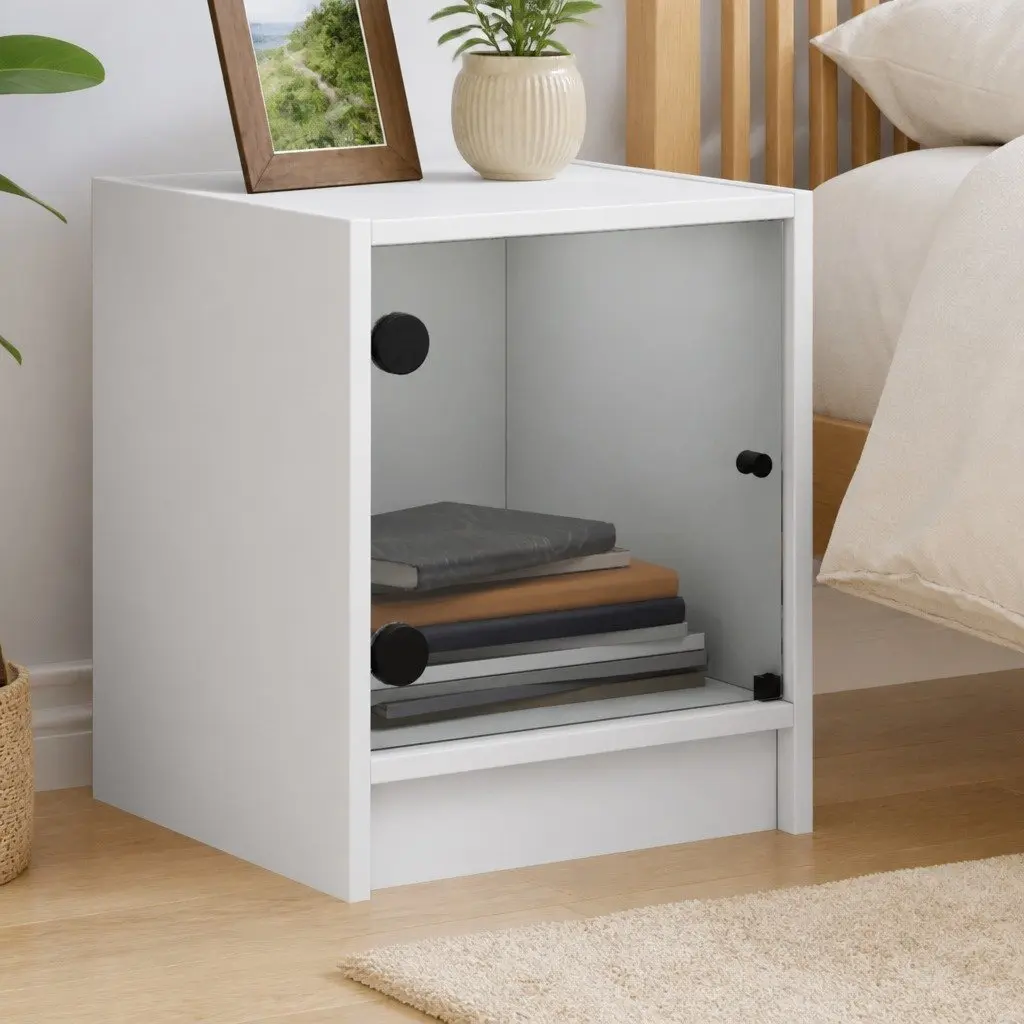 Bedside Cabinet White Glass Door Storage Nightstand 35W x 37D x 42H cm