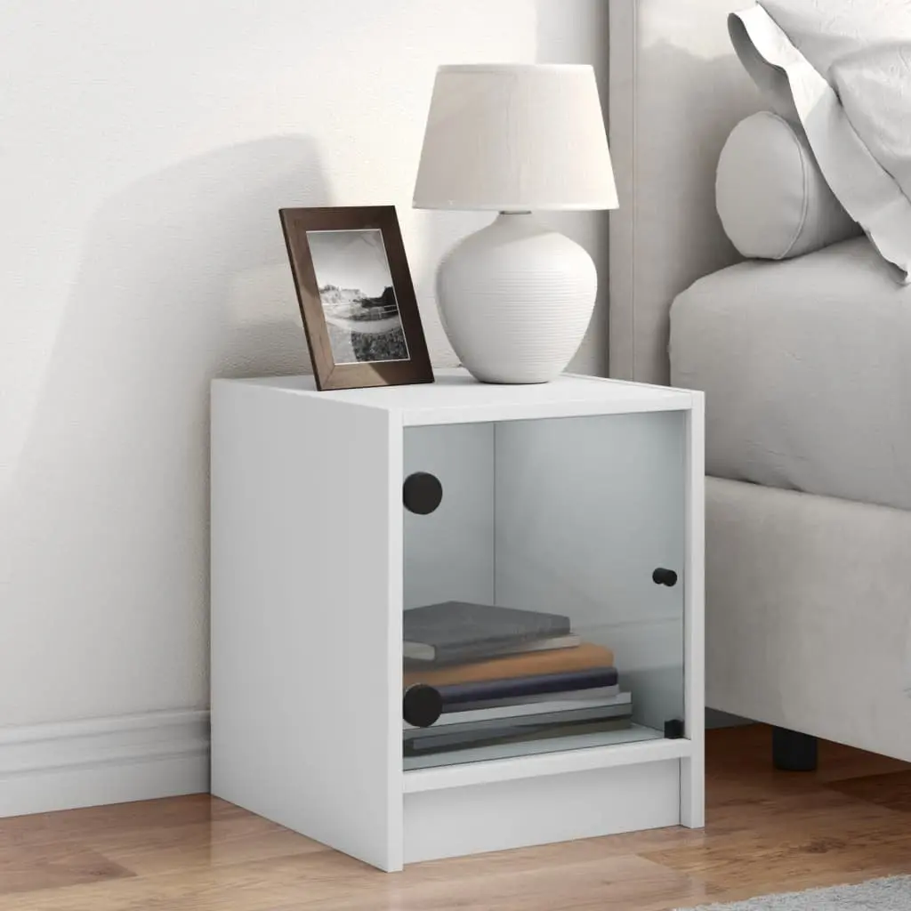 Bedside Cabinet White Glass Door Storage Nightstand 35W x 37D x 42H cm