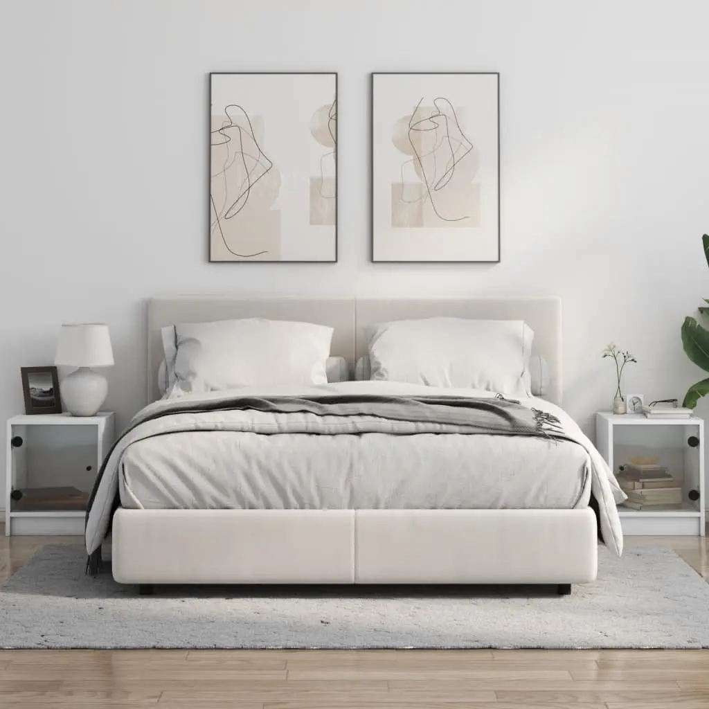 Bedside Cabinets with Glass Doors 2 pcs White Bedroom Storage Furniture