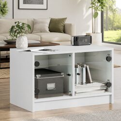 TV Cabinet White Storage Unit with Glass Doors Engineered Wood Media Stand