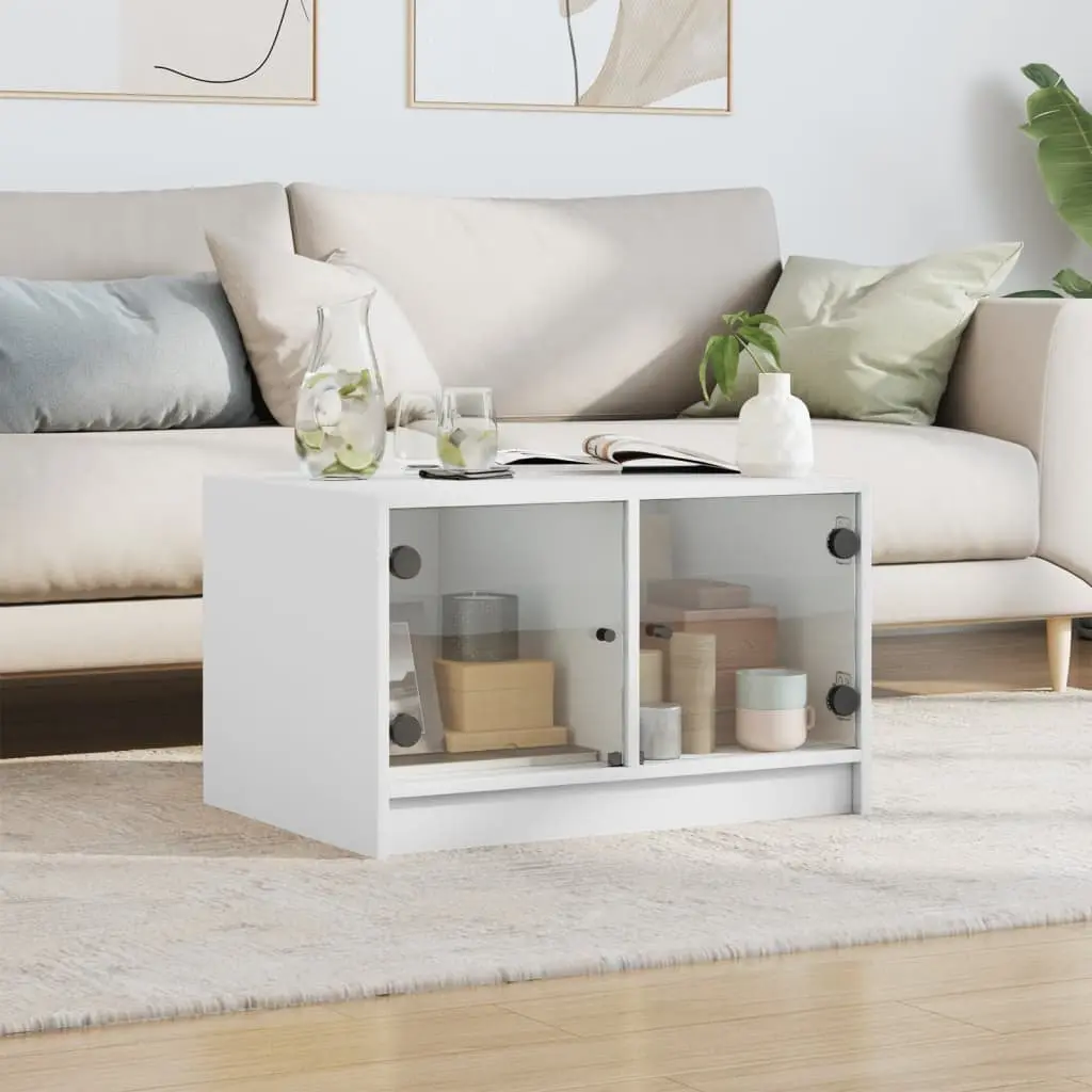 Coffee Table with Glass Doors Storage White 68x50x42cm