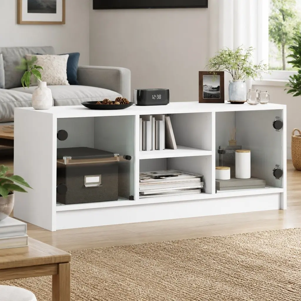 TV Cabinet White with Glass Doors 102x37x42 cm