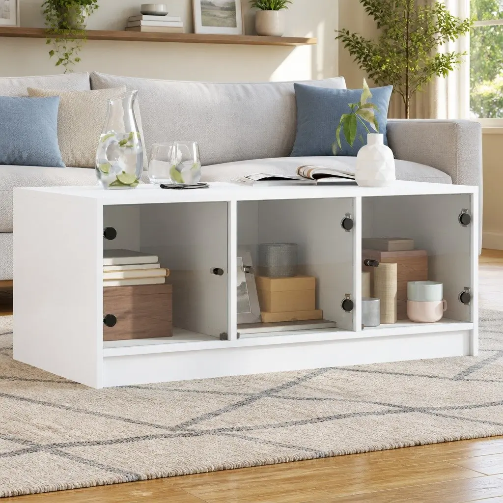 White Coffee Table with Glass Doors Storage Display Accent Living Room Furniture