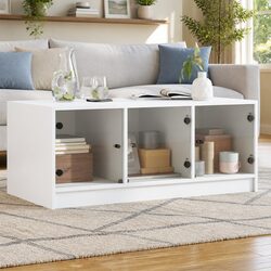 White Coffee Table with Glass Doors Storage Display Accent Living Room Furniture