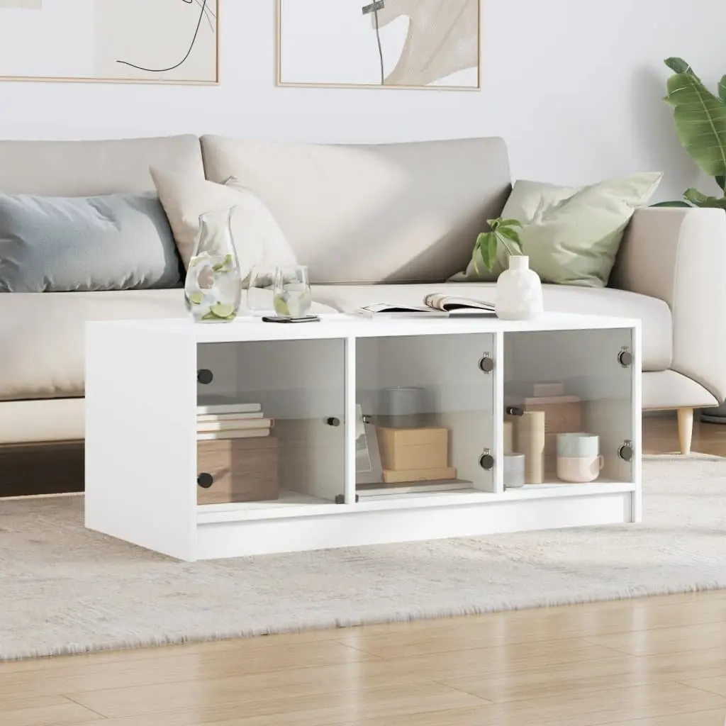 White Coffee Table with Glass Doors Storage Display Accent Living Room Furniture