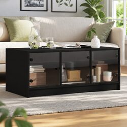 Black Coffee Table with Glass Doors Storage Accent Living Room Furniture
