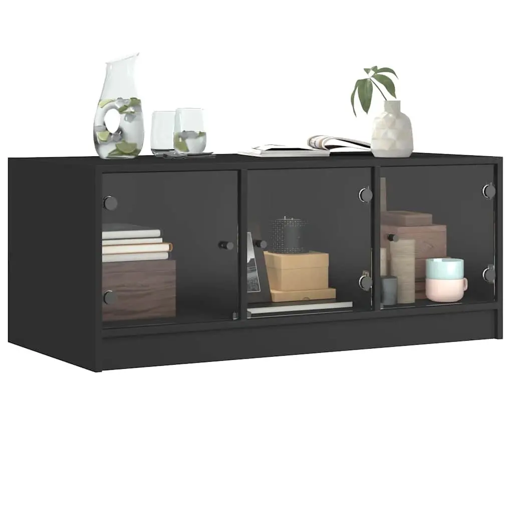 Black Coffee Table with Glass Doors Storage 102 x 50 x 42 cm