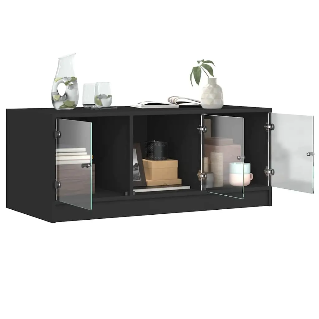 Black Coffee Table with Glass Doors Storage 102 x 50 x 42 cm