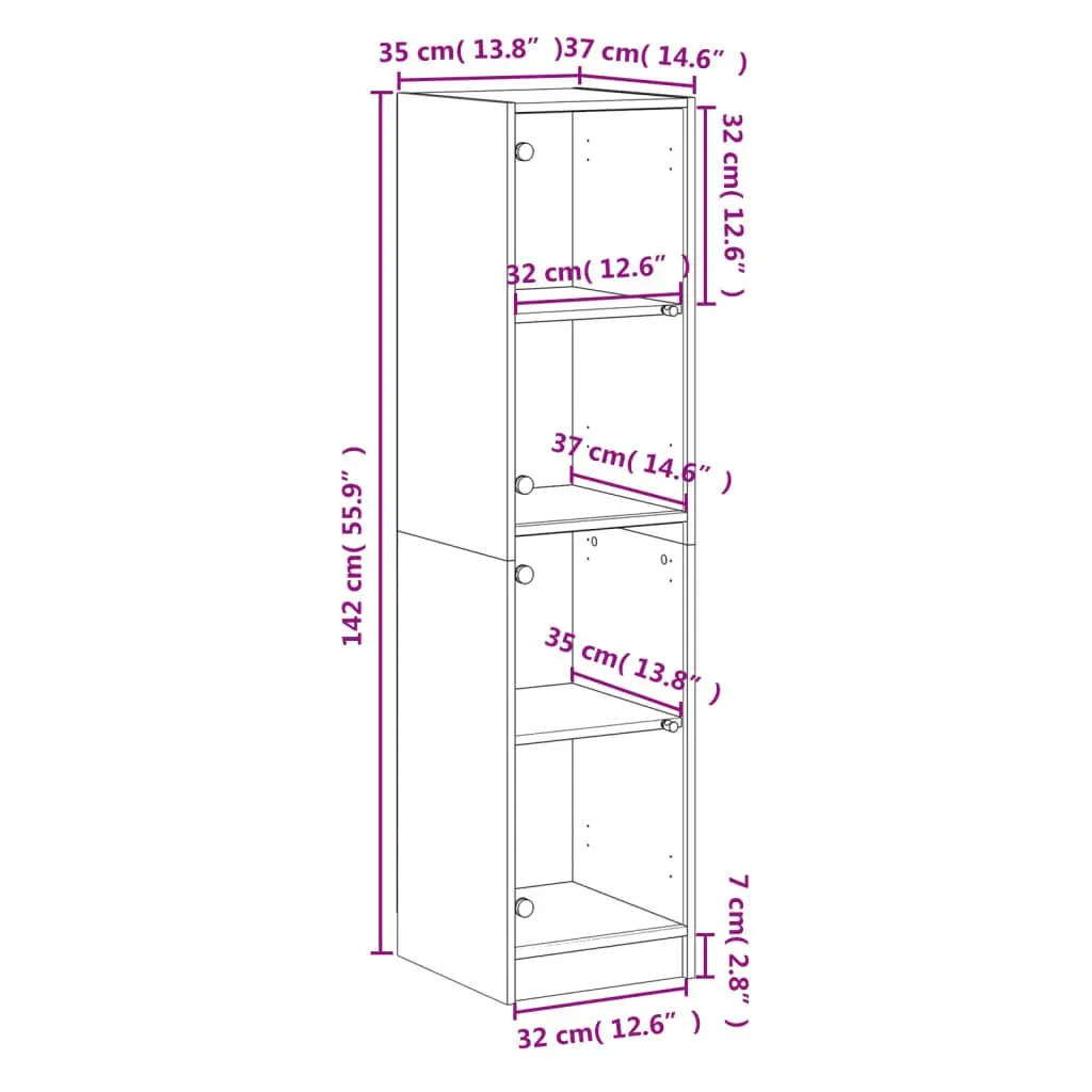 Highboard Storage Cabinet Glass Doors White Engineered Wood 35x37x142cm