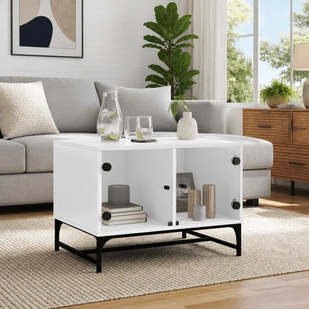 Coffee Table White Glass Doors Storage Display 68.5 x 50 x 50 cm