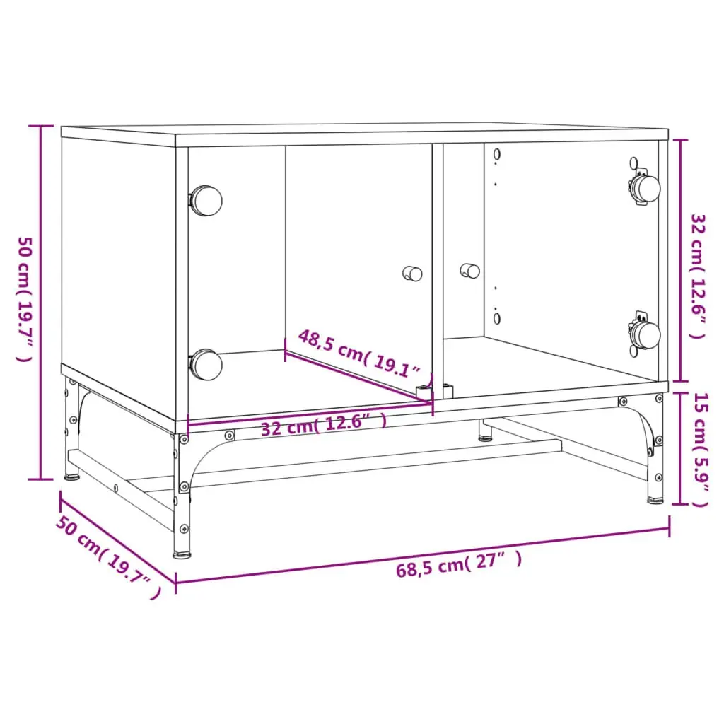 Coffee Table White Glass Doors Storage Display 68.5 x 50 x 50 cm