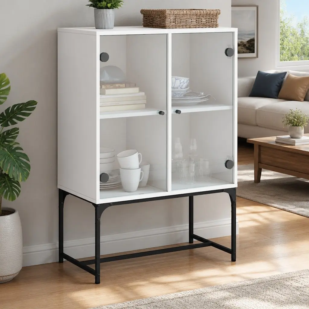 Side Cabinet with Glass Doors White Engineered Wood 69W x 37D x 100H cm