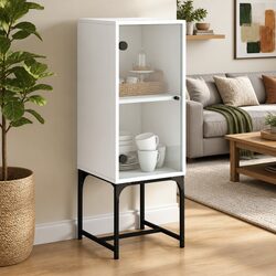 Side Cabinet Glass Doors White Storage Cupboard Sideboard Buffet Furniture