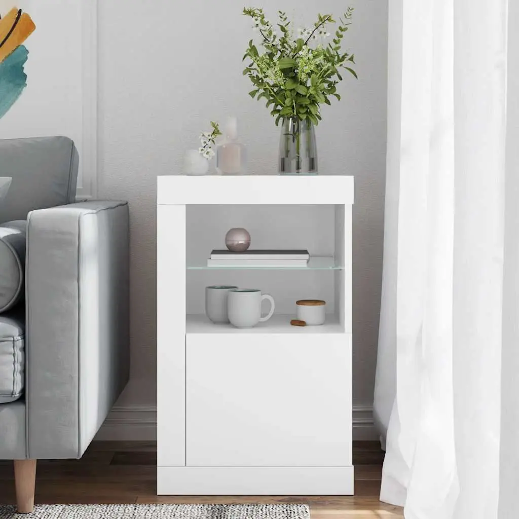 Side Cabinet with RGB LED Lights White Storage Unit Glass Shelf Door