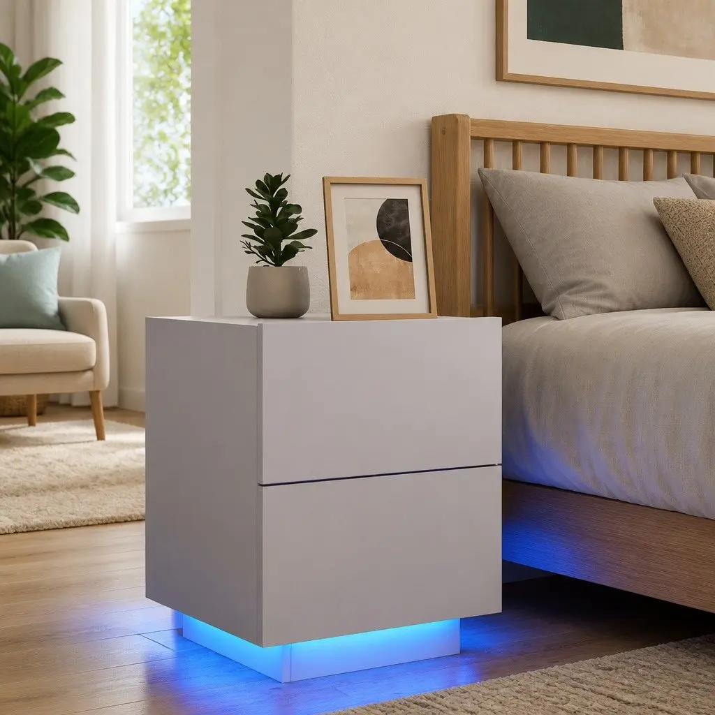 Bedside Cabinet with RGB LED Lights White Engineered Wood 2 Drawer Nightstand