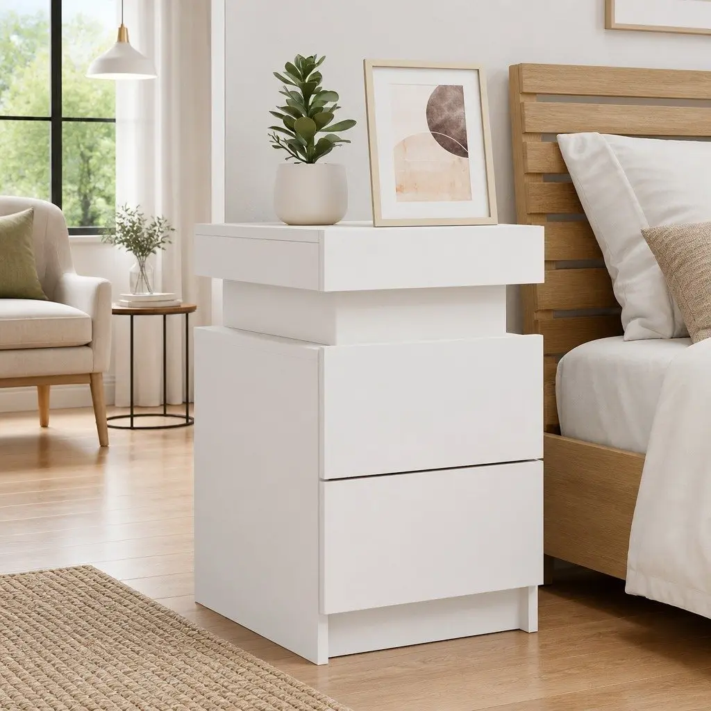 Bedside Cabinet with RGB LED Lights Modern White 35x39x55cm