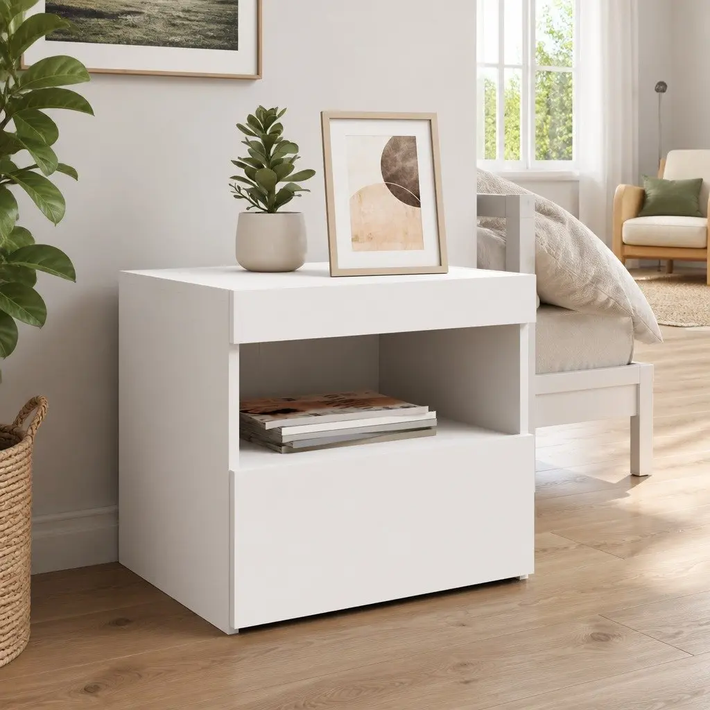 Bedside Cabinet with RGB LED Lights White Modern Bedroom Storage Table