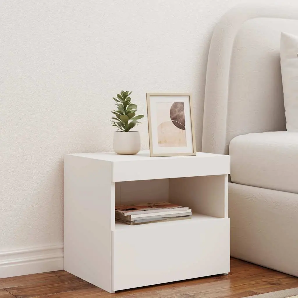 Bedside Cabinet with RGB LED Lights White Modern Bedroom Storage Table