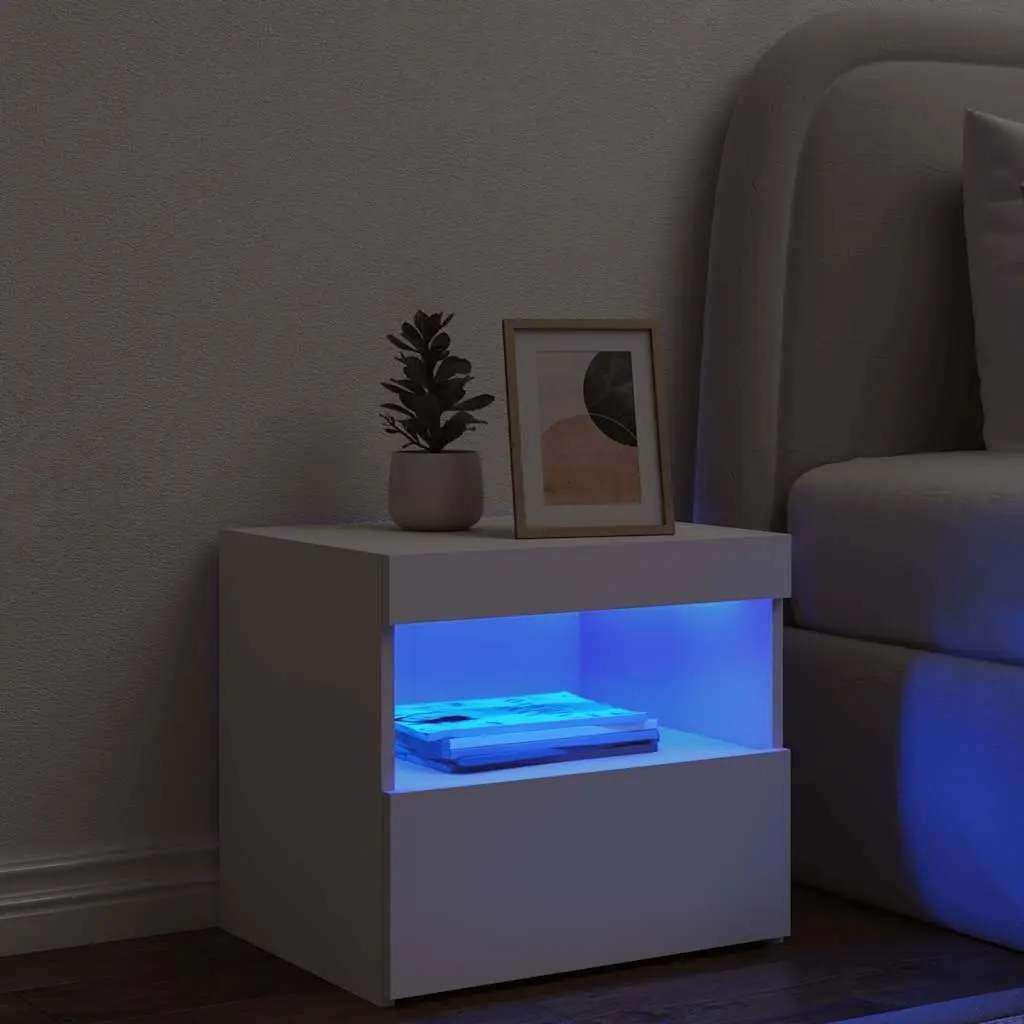 Bedside Cabinet with RGB LED Lights White Modern Bedroom Storage Table