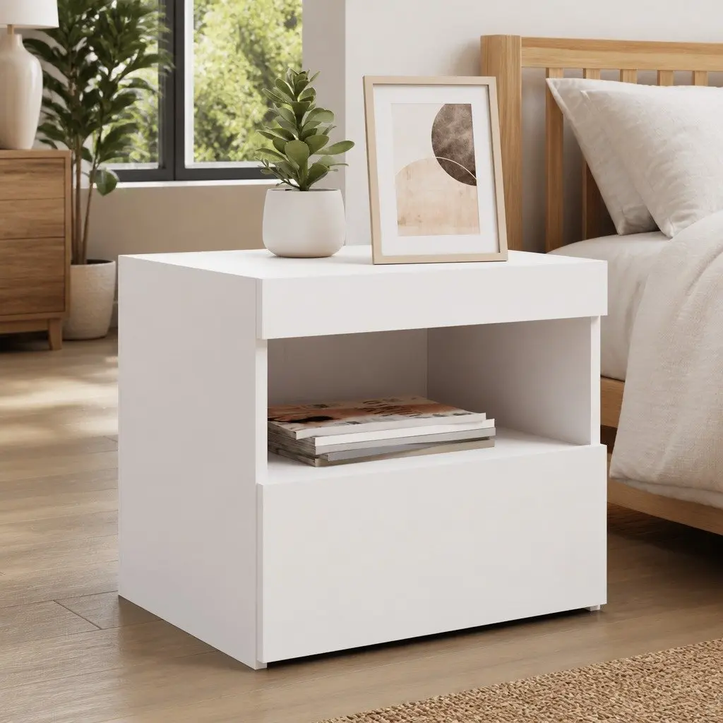 Bedside Table with LED Lights Modern White Storage Cabinet 2 Piece