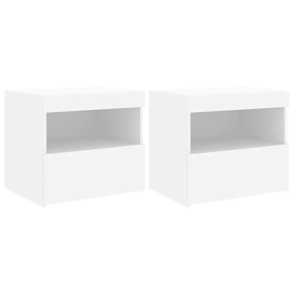 Bedside Table with LED Lights Modern White Storage Cabinet 2 Piece