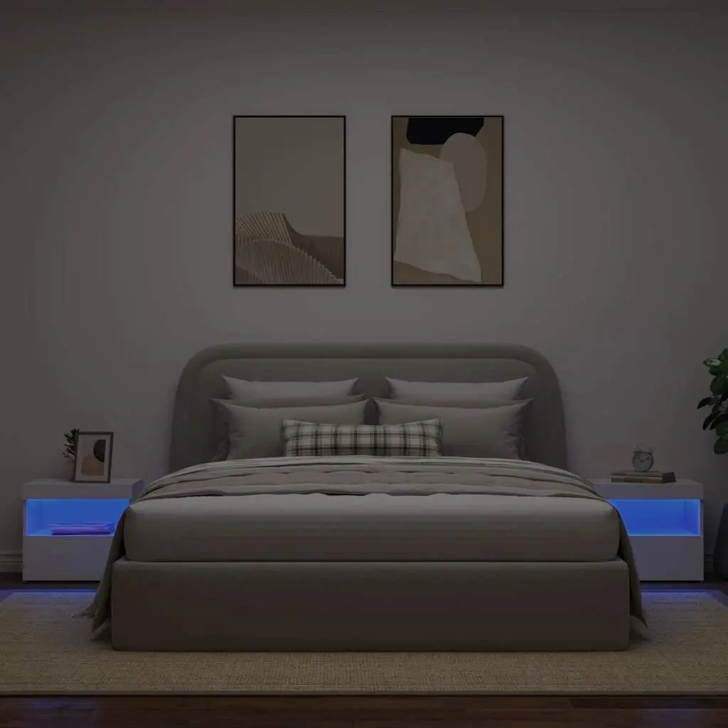 Bedside Table with LED Lights Modern White Storage Cabinet 2 Piece