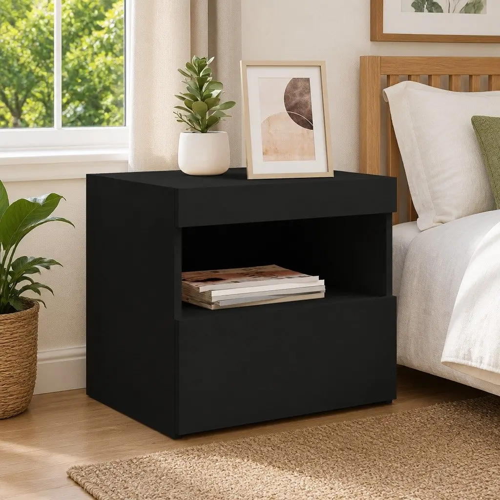 Bedside Cabinet with RGB LED Lights Black Modern Bedroom Side Table