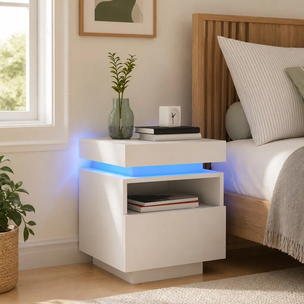 Bedside Cabinet with RGB LED Lights White Storage Nightstand 40 x 39 x 48.5 cm