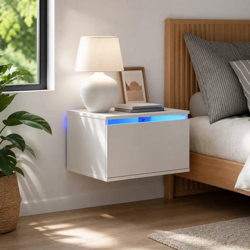 Wall-mounted Storage Cabinet White with RGB LED Lights for Bedroom Essentials