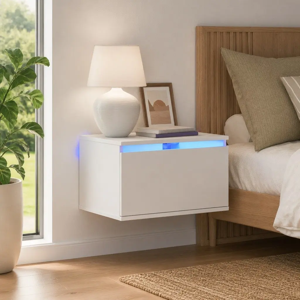 Wall-mounted Bedside Cabinet with RGB LED Lights White Floating Storage Unit 2 Piece