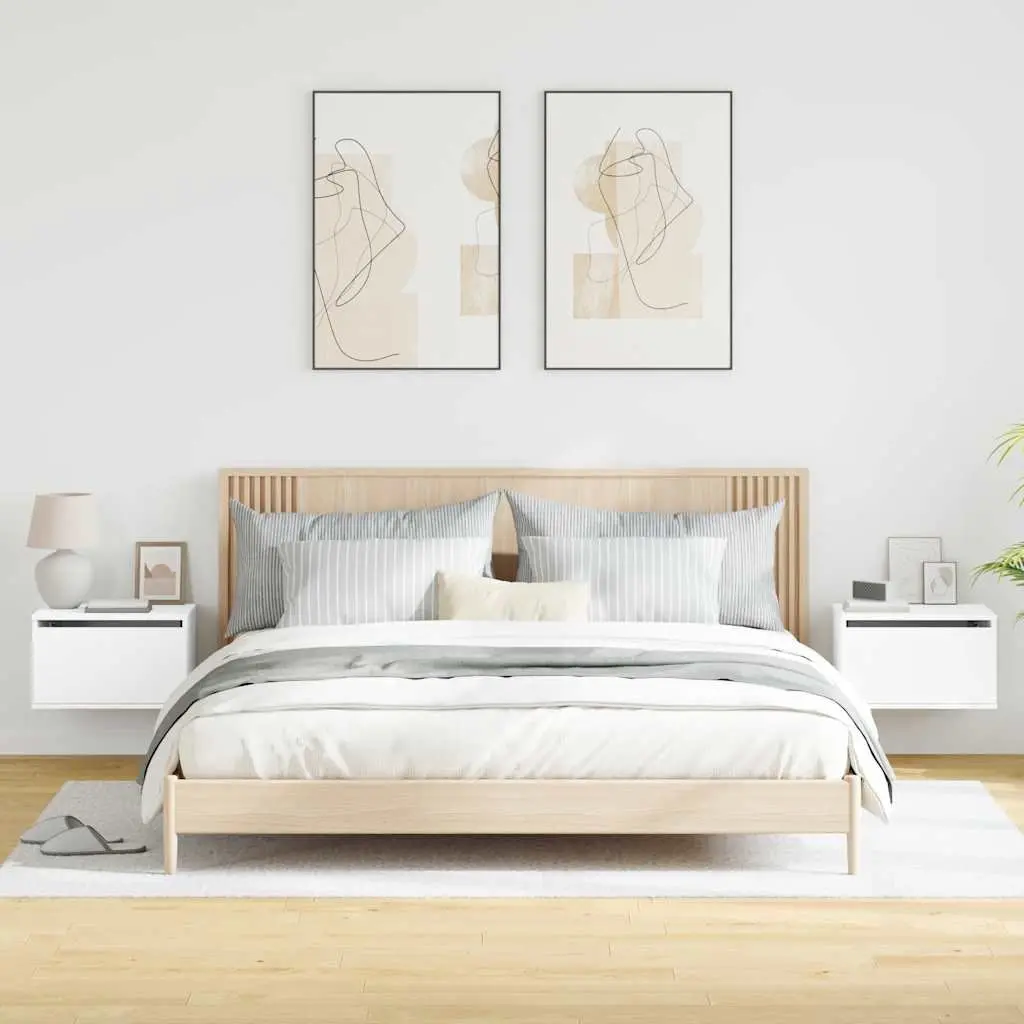 Wall-mounted Bedside Cabinet with RGB LED Lights White Floating Storage Unit 2 Piece