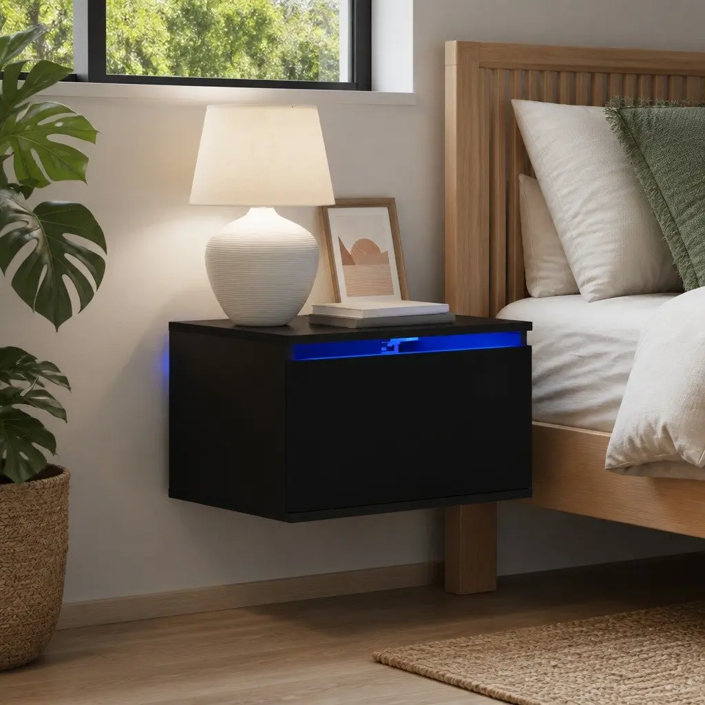 Wall-mounted Bedside Cabinets RGB LED Lights Black Floating Storage 2 pcs