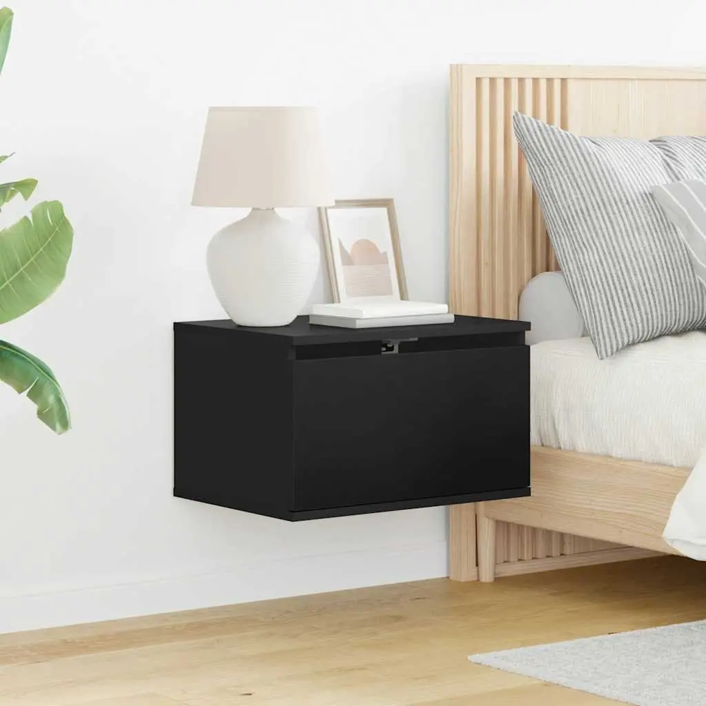 Wall-mounted Bedside Cabinets RGB LED Lights Black Floating Storage 2 pcs
