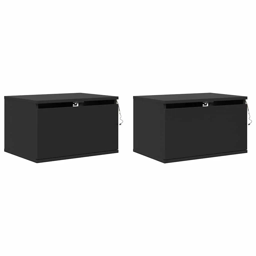 Wall-mounted Bedside Cabinets RGB LED Lights Black Floating Storage 2 pcs