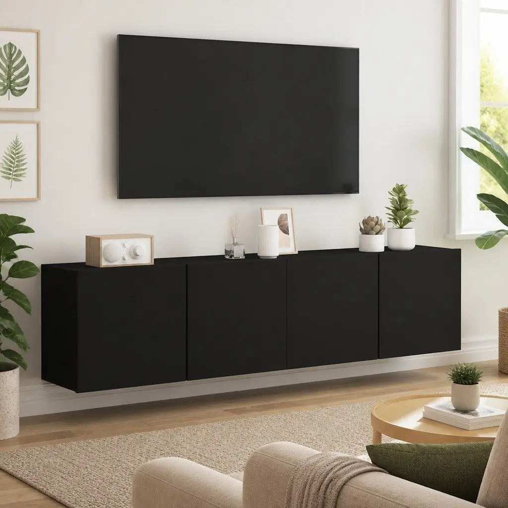 Wall-Mounted TV Cabinet Black 2 Pieces Storage Organiser Media Shelving Unit